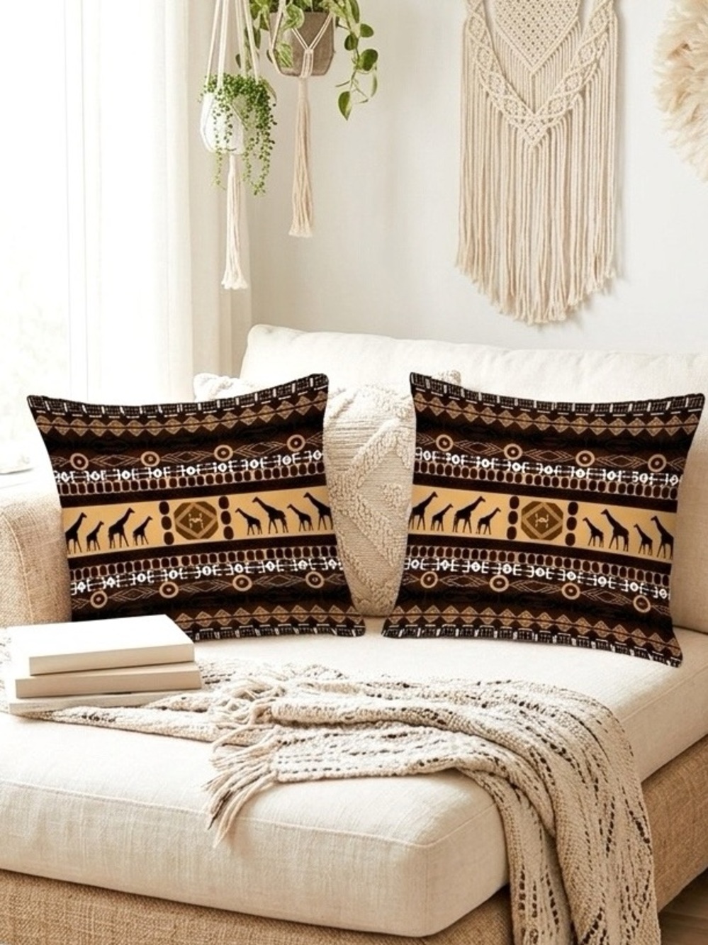 Set of 2 African Tribal & Giraffe Print Throw Pillow Covers - 17x17" - NIP